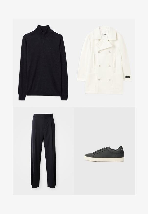 Fehér, dupla gombos kabát nagy hajtókákkal, két elülső zsebbel és ezüst színű gombokkal, sima textúrával és testre szabott dizájnnal.; Fekete, hosszú ujjú pulóver bordázott, magas gallérral és fél cipzárral, bal mellkason finom logóval.; Fekete, magasan ültetett nadrág, széles szárai vannak, sima anyagból készült. Elülső redők és övhurkok jellemzik. Minimalista dizájn, látható fémalkatrészek nélkül.; Fekete bőr sportcipő alacsony profilú, lekerekített orral és fűzős záródással; texturált gumitalppal és logó részlettel a saroknál.