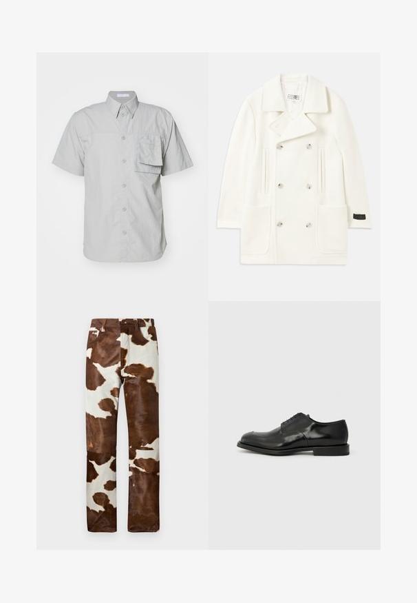 Biały podwójnie zapięty płaszcz z dużymi klapami, dwoma przednimi kieszeniami i srebrnymi guzikami, charakteryzujący się gładką teksturą i dopasowanym krojem.; Koszula na krótki rękaw, jasnoszara, z guzikami, z kieszonką; wykonana z teksturowanej tkaniny; ma klasyczny kołnierz oraz standardowe guziki.; Spodnie w łatki w kolorze brązowo-beżowym. Charakteryzują się luźnym krojem, wytrzymałym deniowym materiałem oraz klasycznym pięciokieszeniowym designem.; Czarne skórzane buty eleganckie z wypolerowanym wykończeniem, okrągłym noskiem, pięcioma oczkami na sznurówki oraz płaską gumową podeszwą. Gładka tekstura z minimalnymi akcentami.