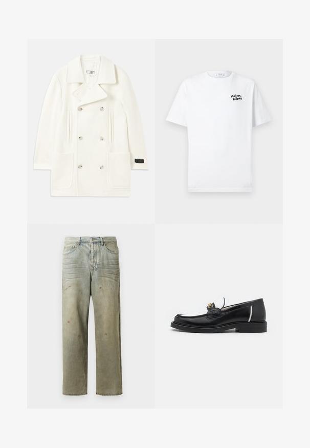 Biały podwójnie zapięty płaszcz z dużymi klapami, dwoma przednimi kieszeniami i srebrnymi guzikami, charakteryzujący się gładką teksturą i dopasowanym krojem.; Biała koszulka z krótkim rękawem i okrągłym dekoltem. Posiada czarną, wyszywaną naszywkę po lewej stronie klatki piersiowej. Gładka faktura.; Zniszczone dżinsy w jasnym zielonym kolorze, z prostymi nogawkami, pięcioma kieszeniami oraz nierównomiernym blaknięciem i plamami farby.; Czarne skórzane mokasyny z zaokrąglonym noskiem, białymi akcentami i złotymi elementami na wierzchu. Posiadają teksturowaną łatkę i piętę złożoną.