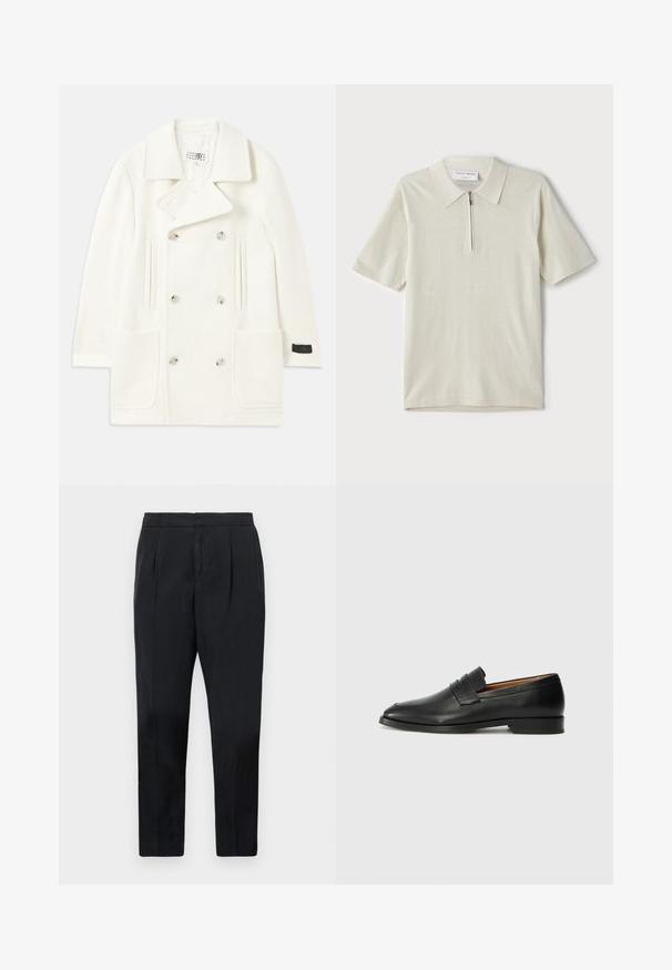 White double-breasted coat with large lapels, two front pockets, and silver-tone buttons, featuring a smooth texture and tailored design.; Short-sleeve polo shirt in light beige with a zippered collar. Made of smooth fabric, features a simple, modern design without patterns.; Black trousers with a slim fit, featuring side pleats, a smooth texture, and an elastic waistband. No visible pockets or patterns.; Black leather loafer with a rounded toe, subtle stitched detailing, and a low heel, featuring a smooth texture and minimalist design.