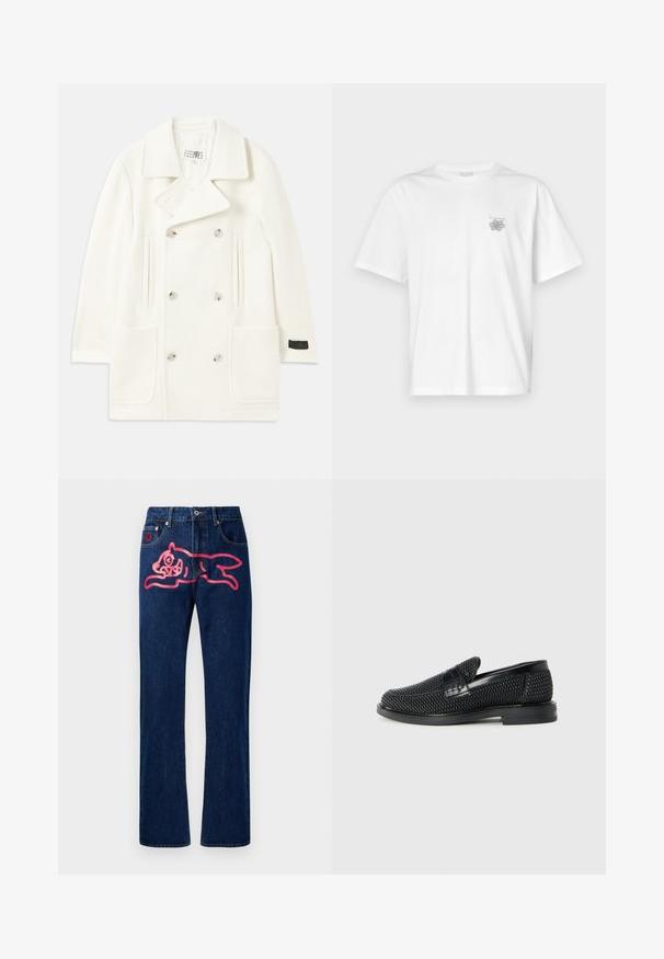 Valkoinen kaksirivinen takki, jossa on suuret kaulukset, kaksi etutaskua ja hopeanväriset napit, joka tarjoaa sileän pinnan ja räätälöidyn muotoilun.; Valkoinen puuvillapaita, jossa on lyhyet hihat, pyöreä kaula-aukko ja pieni harmaa logo vasemmassa rintataskussa. Täydellinen sileä rakenne.; Siniset farkut suoralla leikkauksella. Tumma sininen väri, jossa on suuri vaaleanpunainen kissasuunnittelu takataskussa. Klassinen metallinen nappi ja niitit.; Musta kudottu liukupohjallinen kenka, jossa on sileä nahkakorostus päällisessä, pyöreä kärki ja matala kumipohja.