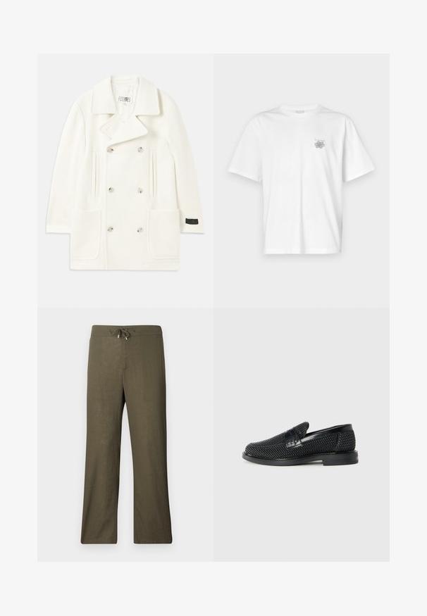 White double-breasted coat with large lapels, two front pockets, and silver-tone buttons, featuring a smooth texture and tailored design.; White t-shirt made of cotton featuring short sleeves, a crew neck, and a small gray logo on the left chest area. Smooth texture.; Loose-fitting, olive green linen pants with a drawstring waist and wide legs. Smooth texture, minimalistic design, no visible patterns or accents.; Black woven slip-on shoe with a smooth leather accent on the upper, a round toe design, and a low-profile rubber sole.