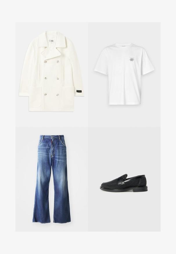 White double-breasted coat with large lapels, two front pockets, and silver-tone buttons, featuring a smooth texture and tailored design.; White t-shirt made of cotton featuring short sleeves, a crew neck, and a small gray logo on the left chest area. Smooth texture.; Wide-leg blue denim jeans featuring a faded wash, five-pocket design, and a front button closure with a contrasting red accent.; Black woven slip-on shoe with a smooth leather accent on the upper, a round toe design, and a low-profile rubber sole.