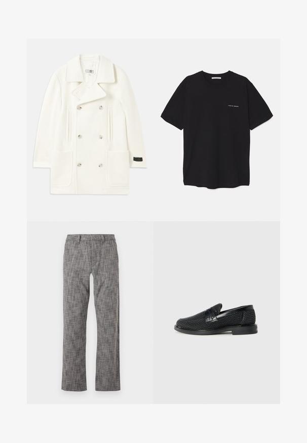 Palton alb cu două rânduri de nasturi, cu rever mari, două buzunare frontale și nasturi de ton argintiu, având o textură netedă și un design croit.; Tricou din bumbac negru, cu guler rotund, mâneci scurte și un imprimeu alb cu logo pe partea stângă a pieptului. Design simplu, de culoare uniformă.; Pantaloni gri cu un design drept, cu un model texturat. Fabricati dintr-un material cu textură, având un sistem de închidere frontal și buzunare pe laterale.; Pantofii negri din material textil, cu accent din piele netedă pe partea superioară, design cu vârf rotund și talpă din cauciuc de profil redus.