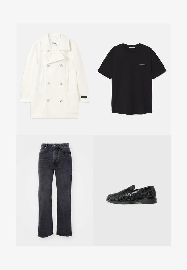 Biały podwójnie zapięty płaszcz z dużymi klapami, dwoma przednimi kieszeniami i srebrnymi guzikami, charakteryzujący się gładką teksturą i dopasowanym krojem.; Czarny bawełniany T-shirt z okrągłym dekoltem, krótkimi rękawami i białym nadrukiem logo na lewej piersi. Prosty, jednolity kolor.; Czarne dżinsy o prostym kroju nogawki, z pięcioma kieszeniami, z zamkiem błyskawicznym i zapięciem na guzik. Materiał ma gładką fakturę.; Czarny, pleciony but wsuwany z gładkim skórzanym akcentem na cholewce, o okrągłym nosku i niskoprofilowej gumowej podeszwie.