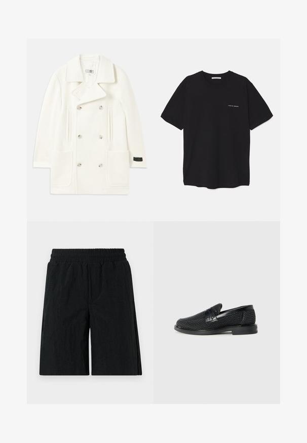 Biały podwójnie zapięty płaszcz z dużymi klapami, dwoma przednimi kieszeniami i srebrnymi guzikami, charakteryzujący się gładką teksturą i dopasowanym krojem.; Czarny bawełniany T-shirt z okrągłym dekoltem, krótkimi rękawami i białym nadrukiem logo na lewej piersi. Prosty, jednolity kolor.; Czarne szorty z elastycznym pasem w talii, wykonane z teksturowanej tkaniny, o długości do kolan i z bocznymi kieszeniami.; Czarny, pleciony but wsuwany z gładkim skórzanym akcentem na cholewce, o okrągłym nosku i niskoprofilowej gumowej podeszwie.