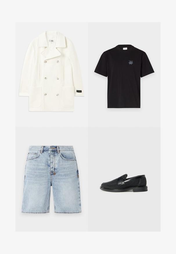 Balts divrindas mētelis ar lieliem klājējiem, divām priekšējām kabatām un sudraba toņa pogām, ar gludu tekstūru un pielāgotu dizainu.; Melna kokvilnas T-kreklu ar apaļu kaklu un īsām piedurknēm. Saturs mazu zilu logotipu kreisajā krūtī. Vienkāršs, taisns griezums.; Gai zilo džinsu šorti ar taisnu griezumu, piecām kabatām un kontrastējošām šuvēm. Neapstrādāta apmale apakšā. Iepriekš mazgāta tekstūra.; Melnas austas slaidu kurpes ar gludu ādas akcentu augšpusē, apaļas formas purngalu un zemas profila gumijas zoli.