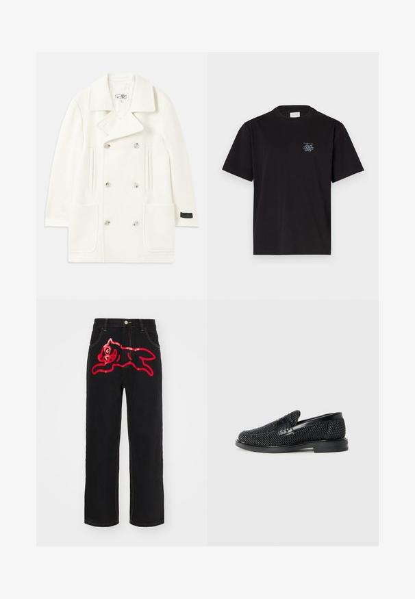 Balts divrindas mētelis ar lieliem klājējiem, divām priekšējām kabatām un sudraba toņa pogām, ar gludu tekstūru un pielāgotu dizainu.; Melna kokvilnas T-kreklu ar apaļu kaklu un īsām piedurknēm. Saturs mazu zilu logotipu kreisajā krūtī. Vienkāršs, taisns griezums.; Melni džinsi no denima ar lielu sarkanu grafiku uz lecoša kaķa aizmugurējā kabatā, ar kontrastējošiem dzelteniem šuvumiem gar šuvēm.; Melnas austas slaidu kurpes ar gludu ādas akcentu augšpusē, apaļas formas purngalu un zemas profila gumijas zoli.