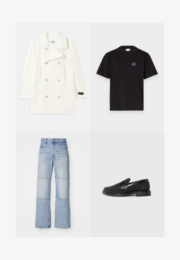 Bílý dvouřadý kabát s velkými klopami, dvěma předními kapsami a stříbrnými knoflíky, který se vyznačuje hladkou texturou a upraveným střihem.; Černé bavlněné tričko s kulatým výstřihem a krátkými rukávy. Na levé části hrudi se nachází malé modré logo. Jednoduchý, rovně střižený design.; Světle modré džíny s širokými nohavicemi, se kontrastními panely a viditelným šitím. Vysoký pas se zapínáním na knoflík.; Černé pletené nazouvací boty s hladkým koženým akcentem na svršku, kulatou špičkou a nízkoprofilovou gumovou podrážkou.