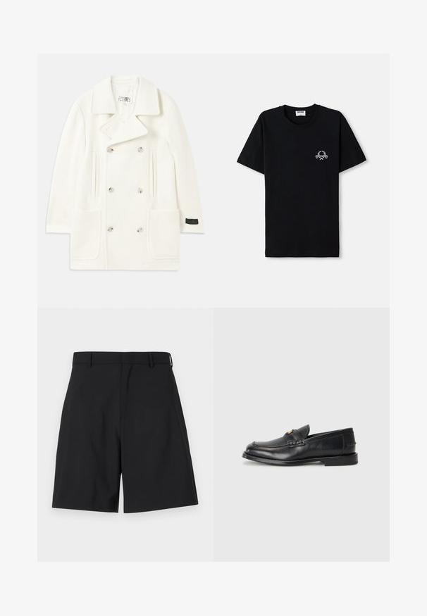 Biely dvojradový kabát s veľkými klopami, dvoma prednými vreckami a striebornými gombíkmi, s hladkou textúrou a prispôsobeným strihom.; Čierne bavlnené tričko s okrúhlym výstrihom. Má malý biely grafický dizajn na hrudi. Krátke rukávy a rovný lem.; Čierne šortky z hladkej tkaniny s prispôsobeným strihom, so splošteným predným dielom a dvoma bočnými vreckami, a s bežným pásom.; Čierne kožené mokasíny majú zaoblenú špičku, prešívané detaily a malý zlatý akcent na prednej strane. Podrážka je plochá a nenápadná.