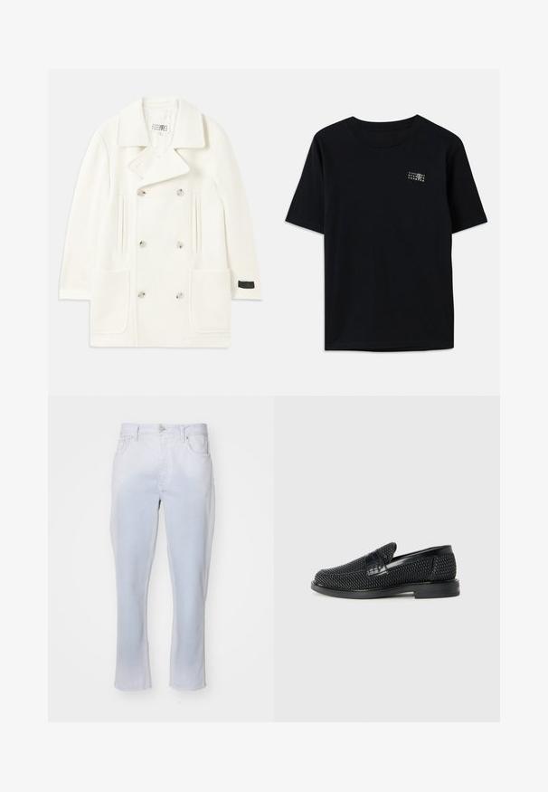 White double-breasted coat with large lapels, two front pockets, and silver-tone buttons, featuring a smooth texture and tailored design.; Black cotton t-shirt with short sleeves, round neckline, and a small white graphic featuring numbers on the left chest.; Light wash denim jeans featuring a straight leg cut, button and zipper front closure, and two side pockets with a soft texture.; Black woven slip-on shoe with a smooth leather accent on the upper, a round toe design, and a low-profile rubber sole.