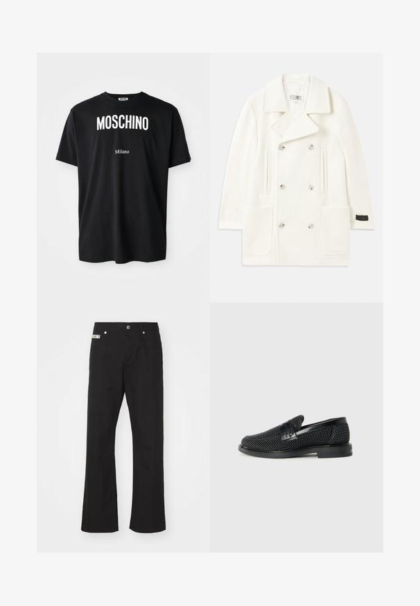 Valge topeltkootud mantel suurte kraedega, kahe eesmine taskuga ja hõbedaste nuppudega, millel on sile tekstuur ja kohandatud disain.; Mustmustärk puuvillane T-särk ümmarguse kaelusega. Ees on julge valge tekst: "MOSCHINO" üleval ja "Milano" all. Lihtne, klassikaline disain.; Mustad puuvillased püksid sirge jala disainiga, ees nupuga sulgemine, kahe küljetaskuga ja väikese brändi sildiga vöökohtade peal.; Must musta kootud slip-on king, millel on pehme nahast accent ülaserval, ümmargune varvas ja madal profiiliga kummitald.