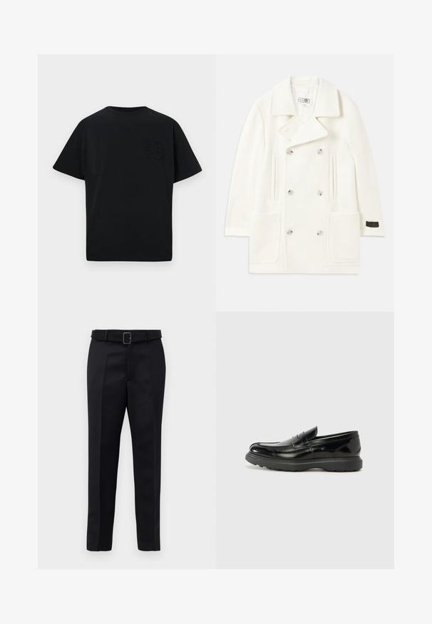 Balta dvigubai sagta striukė su dideliais apykaklėmis, dviem priekinėmis kišenėmis ir sidabro spalvos sagomis, turinti lygų paviršių ir pritaikytą dizainą.; Juodas marškinėliai su laisvu siluetu, trumpomis rankovėmis ir subtiliai įspausta raide "B" kairiajame krūtinės šone. Pagaminta iš lygaus medvilnės audinio.; Juodos pritaikytos kelnės turi lygią medžiagą, tiesų kirpimą ir diržą su stačiakampiu sagtimi. Išskirtiniai priekiniai raukšliai pagerina dizainą.; Juodas odinis loaferis su blizgiu paviršiumi, apvaliu pirštu, subtiliais siūlių detalėmis ir storu guminio pado, užtikrinančio ilgaamžiškumą.