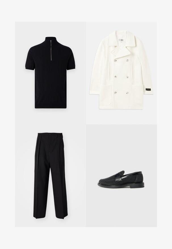 Valge topeltkootud mantel suurte kraedega, kahe eesmine taskuga ja hõbedaste nuppudega, millel on sile tekstuur ja kohandatud disain.; Ron Dorff Trükipildiga T-särk - black; Mustad volditud püksid sirge ja laia säärega disainiga. Valmistatud siledast kangast, millel on nuppudega sulgemine ja vööaasad.; Must musta kootud slip-on king, millel on pehme nahast accent ülaserval, ümmargune varvas ja madal profiiliga kummitald.