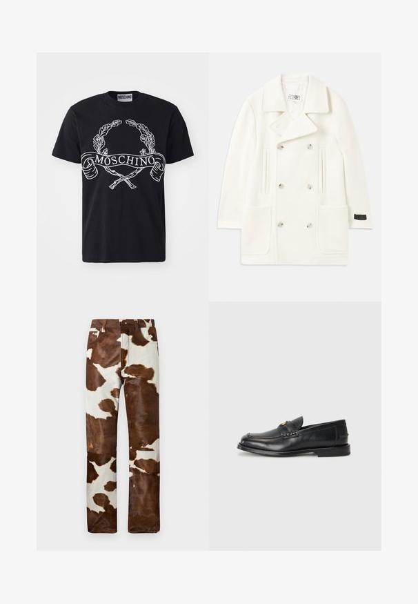 Valge topeltkootud mantel suurte kraedega, kahe eesmine taskuga ja hõbedaste nuppudega, millel on sile tekstuur ja kohandatud disain.; Must mustvalge t-särk, millel on valge trükitud laurelikorv ja brändinimi "MOSCHINO" bänneril; klassikaline ümberkaela disain.; Lehmade mustriga püksid, pruunide ja beežide toonide segus. Omab vabalt istuvat lõiget, tugevat denimmaterjali ja klassikalist viit tasku.; Mustad mustad nahast loafersid esitlevad ümarat varvast, keerduvaid õmblusi ja väikest kuldset detailet ees. Tallad on lamedad ja diskreetsed.