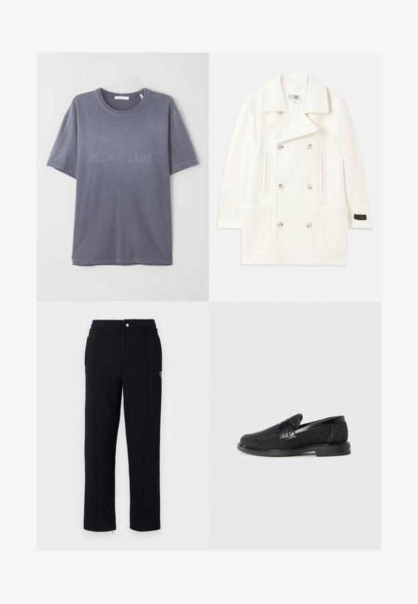 Balta dvigubai sagta striukė su dideliais apykaklėmis, dviem priekinėmis kišenėmis ir sidabro spalvos sagomis, turinti lygų paviršių ir pritaikytą dizainą.; Pilkas medvilnės marškinėliai su trumpomis rankovėmis, apvaliu iškirpimu, su iškilniu "HELMUT LANG" logotipu priekyje. Švelni tekstūra, laisvas kirpimas.; Juodos sportinės kelnės su pritaikytu siluetu, turinčios šonines siūles, užtrauktuką apatinėje dalyje ir metalinę sagą juosmens srityje. Subtilus prekės ženklą atspindintis detalė.; Juodas pintas slip-on tipo batelis su lygiu odiniu akcentu viršuje, apvalios nosies dizainas ir žemas guminis padas.