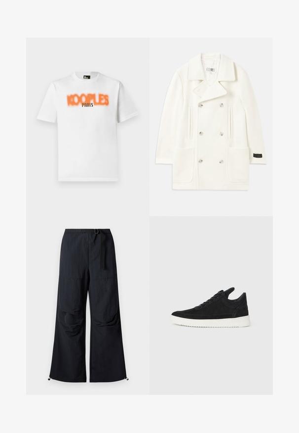 Biały podwójnie zapięty płaszcz z dużymi klapami, dwoma przednimi kieszeniami i srebrnymi guzikami, charakteryzujący się gładką teksturą i dopasowanym krojem.; Biała bawełniana koszulka z zamazanym pomarańczowym napisem "KOOPLES" i wyraźnym czarnym napisem "PARIS" na przodzie. Krótkie rękawy, okrągły dekolt.; Czarne spodnie o szerokich nogawkach z lekkiego materiału, wyposażone w pasek w talii, przednie kieszenie oraz regulowane mankiety z zaciągaczami.; Czarne zamszowe sneakersy z białą gumową podeszwą, z tonalnym przeszyciem i sznurowanym zapięciem. Gładka tekstura, nowoczesny, smukły kształt.