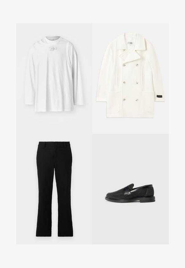 Hvid dobbeltbrystet frakke med store revers, to forlommer og sølvfarvede knapper, med en glat tekstur og skræddersyet design.; Feng Chen Wang DECONSTRUCTION UNISEX - Langærmet T-shirt - white; Sorte flagrende bukser lavet af en blanding af bomuldsstof, med knaplukning, bælteløkker og en glat tekstur uden synlige mønstre.; Sort vævet slip-on sko med en glat læderdetalje på overdelen, en rund tådesign og en lavprofil gummisål.