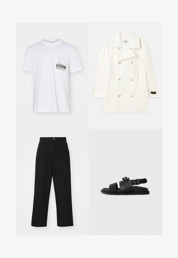 Bílý dvouřadý kabát s velkými klopami, dvěma předními kapsami a stříbrnými knoflíky, který se vyznačuje hladkou texturou a upraveným střihem.; Helmut Lang POSTCARD SKYLINE - Triko s potiskem - white; Černé kalhoty širokého střihu vyrobené z lehkého materiálu. Obsahují zapínání na knoflík, přední skladby a dvě boční kapsy.; Černé kožené sandály s dvěma širokými pásky a nastavitelným páskem kolem kotníku se sponou. Plná podrážka s texturovaným okrajem.