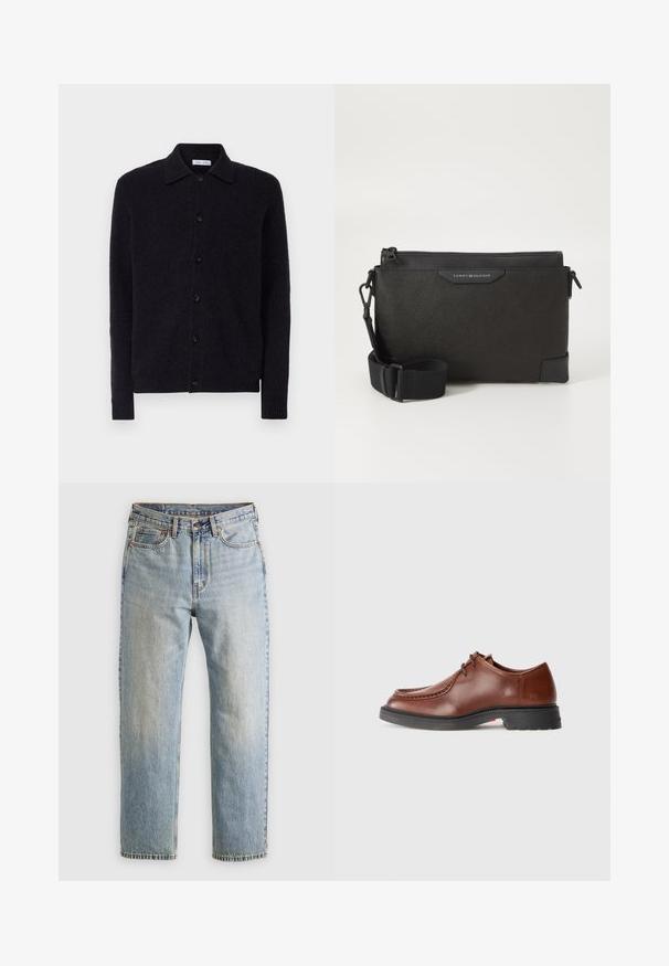 Black puffer jacket, quilted design with horizontal seams, high collar, adjustable drawstrings, and ribbed cuffs. Soft matte texture.; Dark navy cardigan made of soft fabric, featuring a collared neckline, six black buttons, and ribbed cuffs and hem.; Burgundy long-sleeve shirt made of cotton, featuring a button-down collar, front button closure, and a small logo on the chest.; Light blue denim jeans with high waist, front button, zipper, and five-pocket design, laid flat on a neutral background.; Brown leather dress shoe with a rounded toe, contrasting stitching, lace-up design, and a textured black rubber sole.; Black leather crossbody bag with a textured finish, featuring a zip closure and adjustable strap. Logo patch on the front. Rectangular shape.