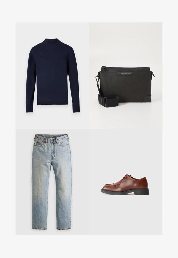 Black puffer jacket, quilted design with horizontal seams, high collar, adjustable drawstrings, and ribbed cuffs. Soft matte texture.; Navy knit sweater with a high neck, long sleeves, and ribbed cuffs. Features a subtle brand logo on the chest. Smooth texture.; Light blue denim jeans with high waist, front button, zipper, and five-pocket design, laid flat on a neutral background.; Brown leather dress shoe with a rounded toe, contrasting stitching, lace-up design, and a textured black rubber sole.; Black leather crossbody bag with a textured finish, featuring a zip closure and adjustable strap. Logo patch on the front. Rectangular shape.