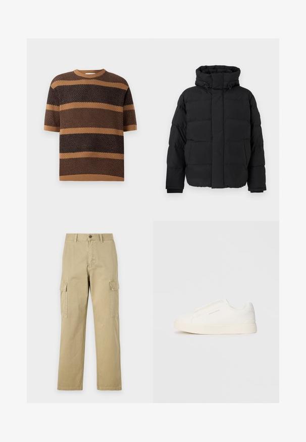 Giacca a vento nera, design trapuntato con cuciture orizzontali, colletto alto, coulisse regolabili e polsini a costine. Texture matte morbida.; Maglione lavorato a maglia con maniche corte, collo rotondo e strisce orizzontali alternate marroni e beige in un tessuto testurizzato.; Pantaloni cargo beige in cotone, dotati di due tasche laterali, chiusura con bottone e gamba dritta con tessuto leggermente texture.; Sneakers bianchi slip-on con superficie texturizzata, suola spessa e design minimalista. Presentano il logo del marchio sul lato.