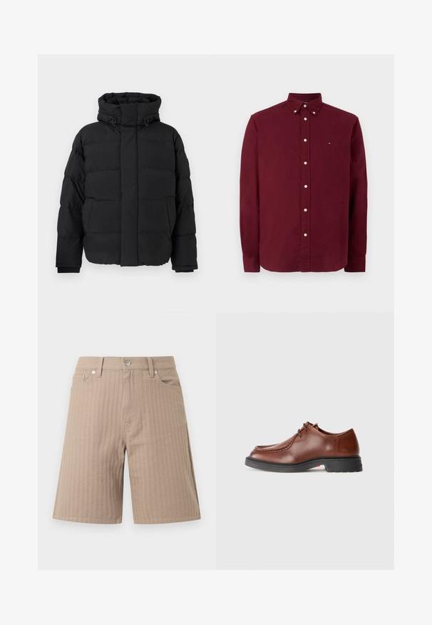 Black puffer jacket, quilted design with horizontal seams, high collar, adjustable drawstrings, and ribbed cuffs. Soft matte texture.; Burgundy long-sleeve shirt made of cotton, featuring a button-down collar, front button closure, and a small logo on the chest.; Beige shorts made of textured fabric featuring vertical stripes, a waistband with a front button, and side pockets.; Brown leather dress shoe with a rounded toe, contrasting stitching, lace-up design, and a textured black rubber sole.