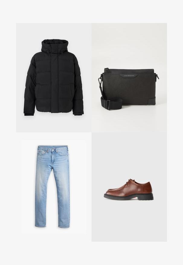 Svart puffjakke med quiltet design og horisontale sømmer, høy krage, justerbare snorer og ribbestrikkede mansjetter. Myk, matt tekstur.; Burgunderfarget langermet skjorte laget av bomull, med krage med knapper, knappestolpe foran og en liten logo på brystet.; Lyseblå denim jeans med rett snitt, fem lommer og knappestenging. Har subtile falminger og oransje sømdetaljer.; Brune lærdressko med rund tå, kontrasterende sting, snøredesign og en teksturert svart gummisåle.; Svart skinn crossover-veske med teksturert overflate, med glidelås og justerbar stropp. Logo-patch på fronten. Rektangulær fasong.