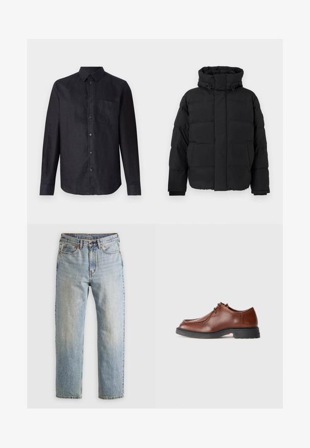 Melnā pūkainā jaka, ar quiltējumu un horizontālām šuvēm, augsts apkakle, regulējamas saites un ribota apakšdaļa. Mīksta matēta tekstūra.; Melnas garām piedurknēm krekls no tekstūrāta auduma, ar pogājamu priekšpusi, klasisku apkakli un plāksteru kabatu kreisajā krūtī.; Gai zila denima bikses ar augstu jostasvietu, priekšējo pogu, rāvējslēdzēju un piecu kabatu dizainu, izlīdzinātas uz neitrāla fona.; Brūni ādas uzvalka apavi ar noapaļotu purngalu, kontrastējošām šuvēm, saistīšanas dizainu un teksturētu melnu gumijas zoli.