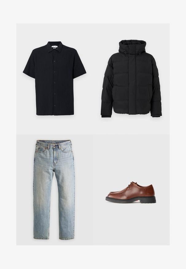 Zwarte gewatteerde jas, gestikt ontwerp met horizontale naden, hoge kraag, verstelbare trekkoorden en geribbelde manchetten. Zachte matte textuur.; Zwart shirt met korte mouwen, voorzien van een geribbelde textuur, knoopsluiting aan de voorkant en een klassiek kraagontwerp. Geen zichtbare patronen of accenten.; Lichtblauwe denim jeans met hoge taille, frontknop, rits en vijfzakkenontwerp, plat gelegd op een neutrale achtergrond.; Bruine leren dresschoen met een ronde neus, contrasterende stiksels, vetersluiting en een gestructureerde zwarte rubberen zool.