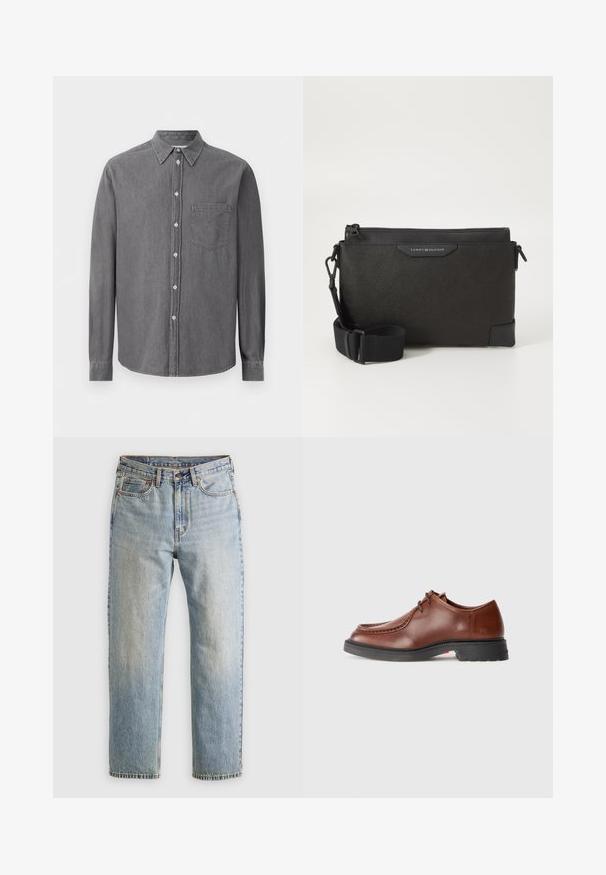 Černá péřová bunda, prošívaný design s horizontálními švy, vysoký límec, nastavitelné šňůrky a žebrované manžety. Měkká matná textura.; Šedá dlouhá košile s knoflíky vyrobená z měkké tkaniny, s klasickým límcem, jednou náprsní kapsou a standardním zapínáním na knoflíky.; Svetle modré džíny z denimu s vysokým pasem, předním knoflíkem, zipem a designem s pěti kapsami, ležící rovně na neutrálním pozadí.; Hnědé kožené společenské boty s kulatou špičkou, kontrastním prošíváním, šněrovacím designem a texturovanou černou gumovou podrážkou.; Černá kožená crossbody taška s texturovaným povrchem, s uzávěrem na zip a nastavitelného popruhu. Na přední straně je logo. Obdélníkový tvar.