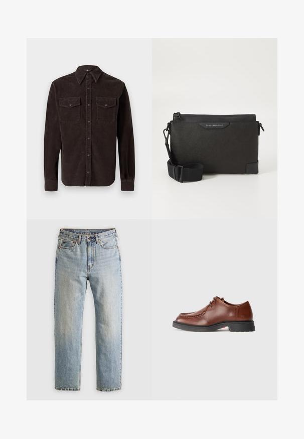 Giacca a vento nera, design trapuntato con cuciture orizzontali, colletto alto, coulisse regolabili e polsini a costine. Texture matte morbida.; Camicia in velluto a coste marrone con colletto classico, maniche lunghe, due tasche sul petto con chiusura a bottone e tessuto testurizzato.; Jeans in denim azzurro chiaro con vita alta, bottone anteriore, cerniera e design a cinque tasche, adagiati su uno sfondo neutro.; Scarpa da dress in pelle marrone con punta rotonda, cuciture a contrasto, design con lacci e suola in gomma nera texture.; Borsa a tracolla in pelle nera con finitura testurizzata, dotata di chiusura a zip e tracolla regolabile. Fodera con logo sul davanti. Forma rettangolare.