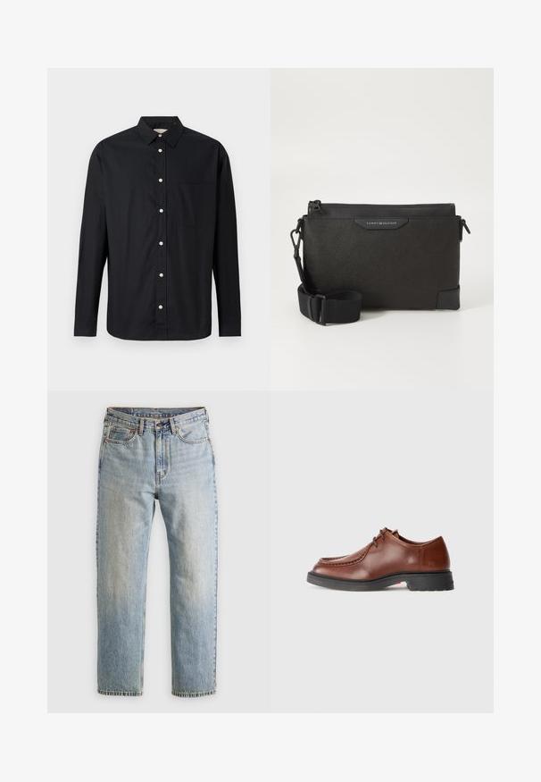 Čierna prešívaná bunda, prešívaný dizajn s horizontálnymi švami, vysoký golier, nastaviteľné šnúrky a rebrované manžety. Mäkká matná textúra.; Čierna košeľa s dlhým rukávom a gombíkmi, s golierom a náprsníkom, vystavená na svetlom pozadí.; Svetlomodré džínsy s vysokým pásom, predným gombíkom, zipsom a dizajnom s piatimi vreckami, rozložené na neutrálnom pozadí.; Hnedé kožené spoločenské topánky s okrúhlou špičkou, kontrastným prešívaním, šnurovacími detailami a štruktúrovanou čiernou gumovou podrážkou.; Čierna kožená kabelka cez telo s textúrovaným povrchom, so zipsovým uzatváraním a nastaviteľným popruhom. Na prednej strane je logo. Obdĺžnikový tvar.