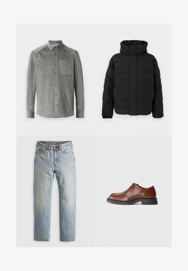 Chaqueta de plumas negra, diseño acolchado con costuras horizontales, cuello alto, cordones ajustables y puños de canalé. Textura suave y mate.; Camisa de corduroy gris de manga larga con un bolsillo frontal, cuello con botón y textura de canalé vertical; corte estándar con cierres de botón.; Jeans de mezclilla azul claro de cintura alta, con botón frontal, cremallera y diseño de cinco bolsillos, dispuestos sobre un fondo neutro.; Zapato de vestir de cuero marrón con puntera redondeada, costuras en contraste, diseño de cordones y suela texturada de goma negra.