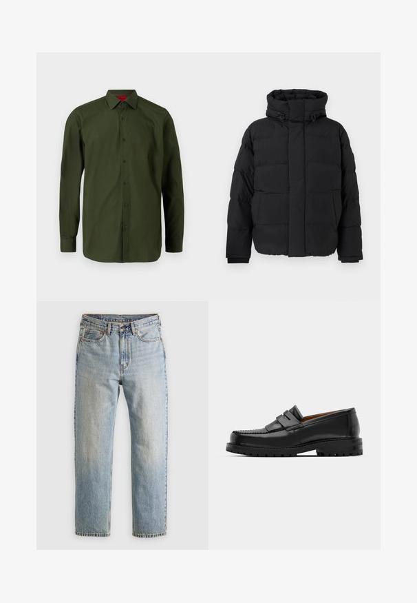 Črna puhovka, kvadratni dizajn s horizontalnimi šivi, visok ovratnik, nastavljive vrvice in rebrasti manšeti. Mehka mat tekstura.; HUGO VALERIO - Formalna srajca - dark green; Svetlo modri džins hlače z visokim pasom, sprednjim gumbom, zadrgo in petimi žepi, laid flat na nevtralni podlagi.; Črne usnjene loafersice imajo dvignjen šiv, dve dekorativni trakovi na zgornjem delu in debel strukturiran podplat za boljši oprijem.