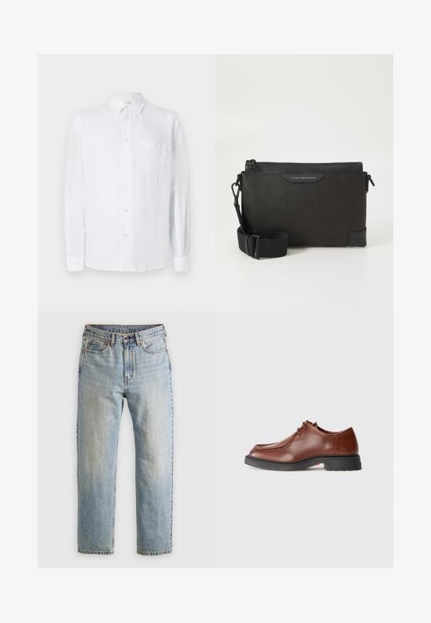 Melnā pūkainā jaka, ar quiltējumu un horizontālām šuvēm, augsts apkakle, regulējamas saites un ribota apakšdaļa. Mīksta matēta tekstūra.; Balts lina krekls ar garām piedurknēm, pogu slēgšanu un krūšu kabatu. Mīksta tekstūra un brīva piegriezuma. Piemērots ikdienas valkāšanai.; Gai zila denima bikses ar augstu jostasvietu, priekšējo pogu, rāvējslēdzēju un piecu kabatu dizainu, izlīdzinātas uz neitrāla fona.; Brūni ādas uzvalka apavi ar noapaļotu purngalu, kontrastējošām šuvēm, saistīšanas dizainu un teksturētu melnu gumijas zoli.; Melna ādas krusts soma ar teksturētu apdari, aprīkota ar rāvējslēdzēja aizdari un regulējamu siksnu. Priekšpusē logo uzlīme. Taisnstūra forma.