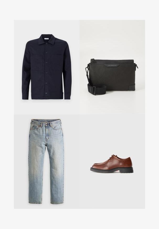 Black puffer jacket, quilted design with horizontal seams, high collar, adjustable drawstrings, and ribbed cuffs. Soft matte texture.; Navy button-up shirt with a classic collar, two front pockets, long sleeves, and a smooth cotton fabric texture.; Light blue denim jeans with high waist, front button, zipper, and five-pocket design, laid flat on a neutral background.; Brown leather dress shoe with a rounded toe, contrasting stitching, lace-up design, and a textured black rubber sole.; Black leather crossbody bag with a textured finish, featuring a zip closure and adjustable strap. Logo patch on the front. Rectangular shape.