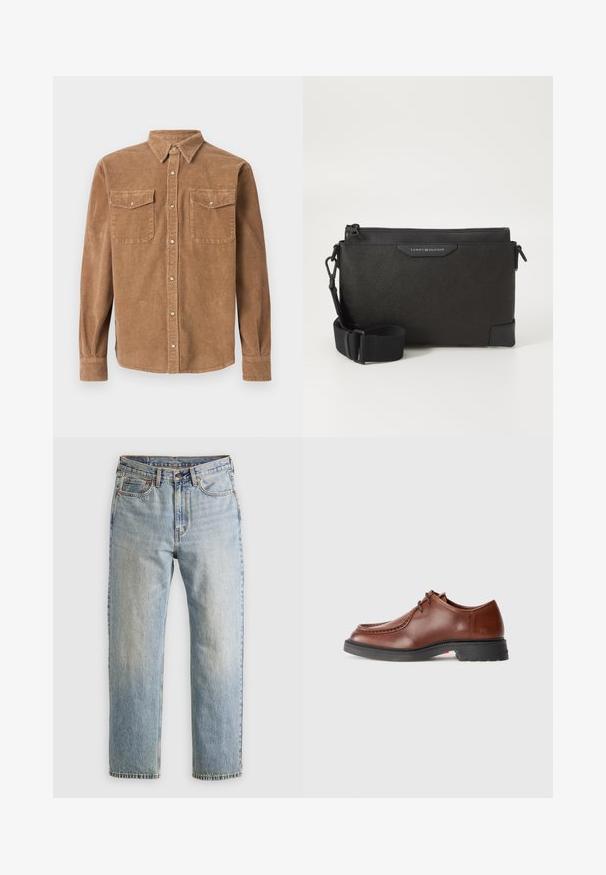 Zwarte gewatteerde jas, gestikt ontwerp met horizontale naden, hoge kraag, verstelbare trekkoorden en geribbelde manchetten. Zachte matte textuur.; Bruine corduroy shirt met een button-down kraag, twee borstzakken en een gestructureerd oppervlak. Voorzien van knoopsluiting en lange mouwen.; Lichtblauwe denim jeans met hoge taille, frontknop, rits en vijfzakkenontwerp, plat gelegd op een neutrale achtergrond.; Bruine leren dresschoen met een ronde neus, contrasterende stiksels, vetersluiting en een gestructureerde zwarte rubberen zool.; Zwarte leren schoudertas met een getextureerd oppervlak, voorzien van een ritssluiting en een verstelbare schouderband. Logo label aan de voorkant. Rectangulaire vorm.