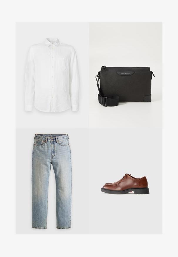 Crna jakna od puf materijala, s kvadratnim dizajnom i horizontalnim šavovima, visokim ovratnikom, podesivim uvezenim trakama i rebrastim rukavima. Mekana mat tekstura.; Bijela lanena košulja s dugim rukavima, ovratnikom na kopčanje, jednim džepom na prsima i bisernim gumbima. Glatke teksture i ležernog kroja.; Svijetloplave traperice visoki struk, prednji gumb, zatvarač i dizajn s pet džepova, položene ravno na neutralnoj pozadini.; Smeđe kožne cipele za svečane prilike s okruglim vrhom, kontrastnim šavovima, vezanjem i teksturiranom crnom gumenom podlogom.; Crna kožna tašna preko tijela s teksturiranom površinom, sa zatvaranjem na munju i podesivim remenom. Logotip na prednjoj strani. Pravokutnog oblika.