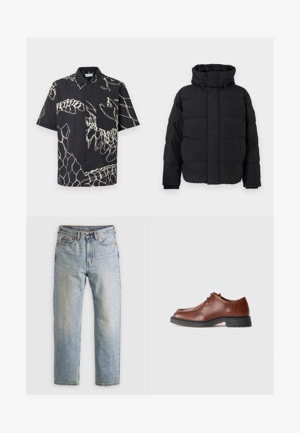 Crna jakna od puf materijala, s kvadratnim dizajnom i horizontalnim šavovima, visokim ovratnikom, podesivim uvezenim trakama i rebrastim rukavima. Mekana mat tekstura.; Crna košulja kratkih rukava s bijelim apstraktnim linijskim uzorcima i džepom na prsima na jednobojnoj pozadini.; Svijetloplave traperice visoki struk, prednji gumb, zatvarač i dizajn s pet džepova, položene ravno na neutralnoj pozadini.; Smeđe kožne cipele za svečane prilike s okruglim vrhom, kontrastnim šavovima, vezanjem i teksturiranom crnom gumenom podlogom.