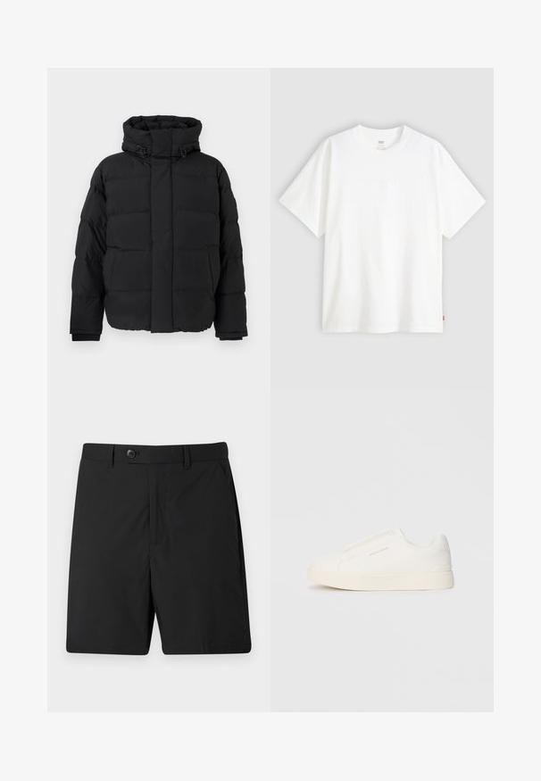 Črna puhovka, kvadratni dizajn s horizontalnimi šivi, visok ovratnik, nastavljive vrvice in rebrasti manšeti. Mehka mat tekstura.; Bela kratka majica s kratkimi rokavi iz bombaža s krožnim izrezom. Ima diskretno embosirano logotipno podrobnost spredaj in rdečo etiketo na robu.; Črne kratke hlače iz lahkega materiala, z zapenjanjem na gumb, dvema stranskima žepoma in ravnim krojem. Gladka tekstura in preprost dizajn.; Bele zapete brez vezalk z teksturirano površino, debelim podplatom in minimalističnim dizajnom. Na strani se nahaja logotip blagovne znamke.