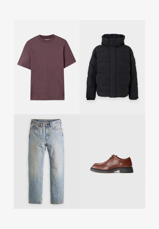 Svart puffjacka, quiltad design med horisontella sömmar, hög krage, justerbara dragband och ribbat fåll. Mjuk matt yta.; Kortärmad t-shirt med rund halsringning i mörk mauve, tillverkad av mjuk bomull. Har minimal branding i matchande färg på framsidan.; Ljusblå denimjeans med hög midja, framknäppning, dragkedja och femficksdesign, placerade platt på en neutral bakgrund.; Bruna läderskor med rund tå, kontrasterande sömmar, snördesign och en strukturerad svart gummisula.