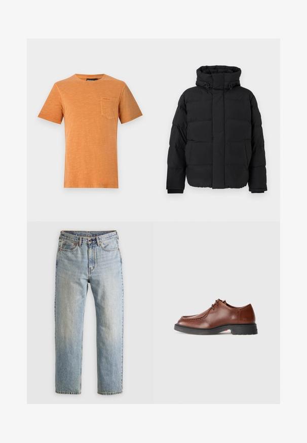 Casaco puffer preto, design acolchoado com costuras horizontais, gola alta, cordões ajustáveis e punhos canelados. Textura mate suave.; T-shirt de manga curta em laranja, feita de algodão suave. Apresenta um bolso no peito com detalhe na costura. Design clássico de gola redonda.; Jeans de ganga azul claro com cintura alta, fecho frontal, zipper e design de cinco bolsos, dispostos de forma plana sobre um fundo neutro.; Sapato de vestir de couro castanho com bico arredondado, costura em contraste, design com atacadores e sola de borracha preta texturizada.