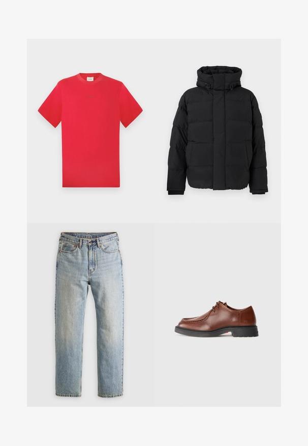 Casaco puffer preto, design acolchoado com costuras horizontais, gola alta, cordões ajustáveis e punhos canelados. Textura mate suave.; T-shirt de gola redonda vermelha, feita de algodão. Mangas curtas, em cor sólida com uma marca discreta no centro. Textura suave e corte clássico.; Jeans de ganga azul claro com cintura alta, fecho frontal, zipper e design de cinco bolsos, dispostos de forma plana sobre um fundo neutro.; Sapato de vestir de couro castanho com bico arredondado, costura em contraste, design com atacadores e sola de borracha preta texturizada.