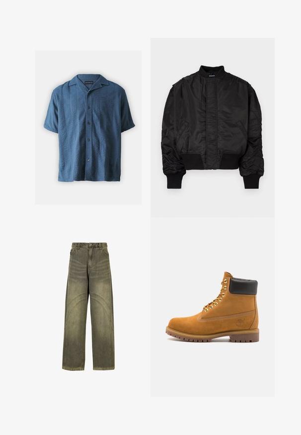 Schwarze Bomberjacke mit hohem Kragen, aufgepufften Ärmeln, gerippten Bündchen und Bund sowie einem glatten Satin-Finish. Verfügt über Seitentaschen.; Abercrombie & Fitch Hemd - blue; Olivengrüne Jeans mit weitem Bein aus Denim, ausgestattet mit geschwungenen Nahtakzenten, klassischen Knopfverschluss und einem verwaschenen Finish.; Beige Wildleder-Ankle-Boot mit schwarzem gepolstertem Kragen, goldenen Metallösen, weißen Nähdetalben und einer robusten Gummisohle mit ausgeprägtem Profil.