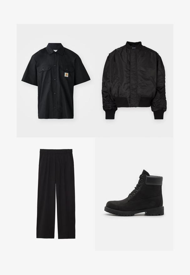 Must musta bomber-jakk, millel on kõrge krae, punnitatud varrukad, soonikkoes mansetid ja vöökoht ning sile siidjas viimistlus. Saadaval küljetaskutega.; Must mustärg särg lühikirjul, valmistatud kootud kangast, millel on nööpidega esiosa, kaks rinnaTaskut ja väike oranž logo silt.; Mustad laiad püksid pleediga esiosas, küljetaskud ja sile kangas. Disainitud mugavaks istuvuseks.; Mustade lacesega pahkluu saapad pehme kraega ja robustse tallaga, kujutatud profiilis valge taustaga.