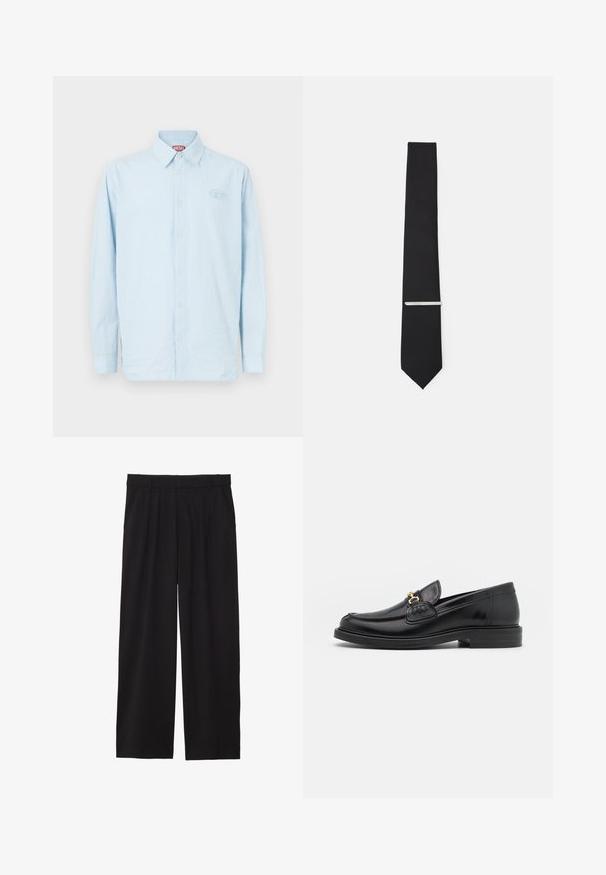 Chaqueta bomber negra con cuello alto, mangas abullonadas, puños y cintura acanalados, y un acabado suave de satén. Cuenta con bolsillos laterales.; Camisa de manga larga azul claro con rayas verticales blancas, cuello abotonado y pequeño logotipo bordado en el pecho, confeccionada en tejido de trama.; Pantalones de pierna ancha negros con frente plisado, bolsillos laterales y una textura de tela suave. Diseñados para un ajuste relajado.; Mocasines de cuero negro con punta redondeada, que cuentan con un detalle de herrajes dorados y costuras, situados sobre una suela de goma texturizada y baja.; Corbata de etiqueta negra hecha de tela suave, con un ancho estrecho y un clip plateado que acentúa su diseño.