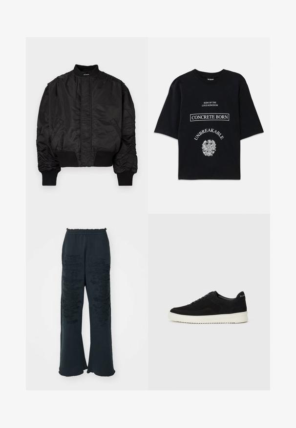 Black bomber jacket with a high collar, puffed sleeves, ribbed cuffs and waistband, and a smooth satin finish. Features side pockets.; Black oversized T-shirt with white text "Kids of the Loud Kingdom," "Concrete Born," "Unbreakable," and a detailed eagle graphic below.; MM6 Maison Margiela PANTS - Tracksuit bottoms - black; Black suede sneaker with lace-up design and contrasting white rubber sole. Features textured side panels and subtle branding on the heel.