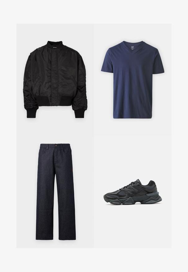 Casaco bomber preto com gola alta, mangas bufantes, punhos e cintura canelados, e acabamento em cetim suave. Possui bolsos laterais.; T-shirt de algodão azul-marinho com design de decote em V, mangas curtas e bainha reta. Apresenta uma textura suave e um estilo minimalista.; Calças de ganga azul-marinho com um corte amplo, apresentando um pequeno padrão de pontos brancos, cinco bolsos e um fecho de botão na cintura.; Sapato de corrida preto com uma combinação de malha e materiais sintéticos, sola robusta, design curvado e uma marca de destaque na lateral.