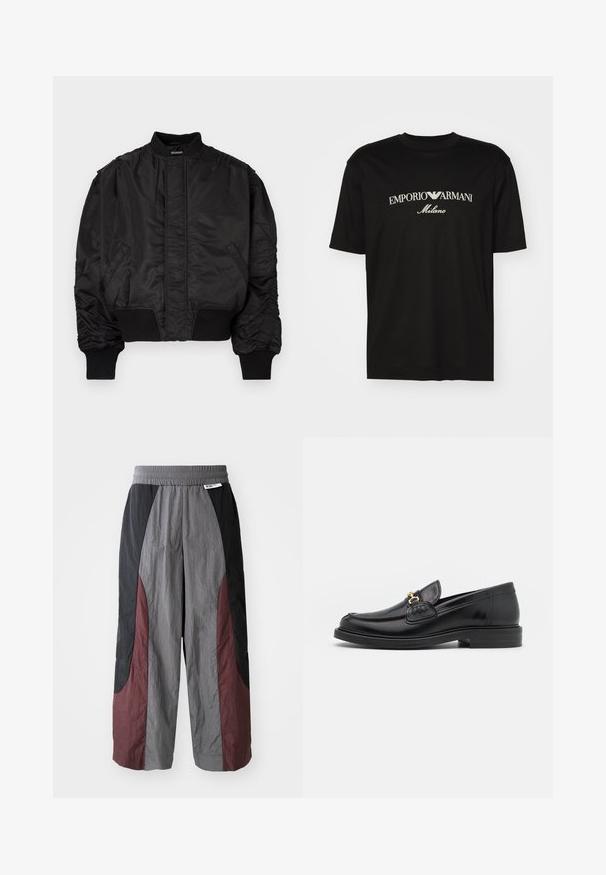 Melna bombers jaka ar augstu apkakli, uzpūstām piedurknēm, ribotām aprocēm un jostasvietu, kā arī gludu satīna apdari. Ir sānu kabatas.; Melnā kokvilnas T-kreklu ar apaļu kakla izgriezumu, īsām piedurknēm un balto "EMPORIO ARMANI" logotipu virs vārda "Milano" izliektā dizainā.; Platas kājas bikses no viegla auduma, ar krāsu bloku dizainu melnā, pelēkā un bordo krāsā, ar elastīgu jostu.; Melnas ādas loafers ar noapaļotu degunu, ar zelta aparatūras akcentu un šuvju detaļām, uz zemas, teksturētas gumijas zoles.